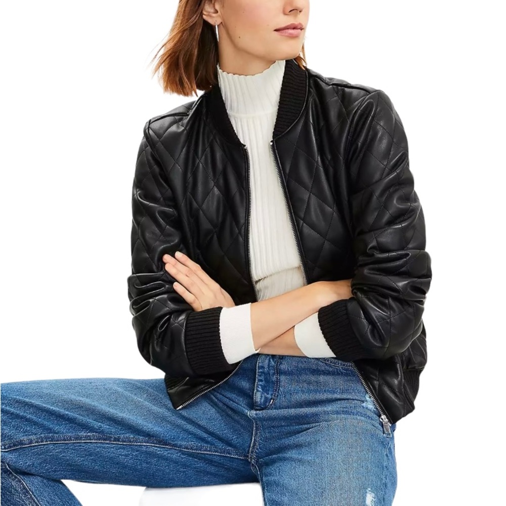 New LOFT Quilted Faux Leather Bomber Jacket Black Sz M